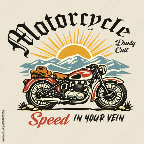 Hand drawing Motorcycel illustration. vintage motor bike graphics in vector. cowboy cap with motorbike. tee t-shirt design . motor graphic tee.