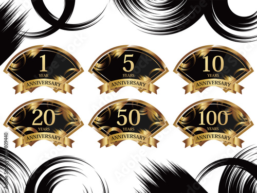 扇型の周年記念エンブレム6種セット　ブラック＆ゴールド