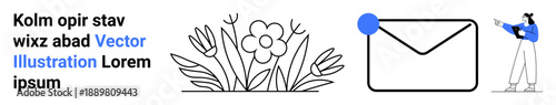 Minimalist artwork featuring flowers, an envelope with a notification, and a person pointing. Ideal for email, communication, social media, eco-friendly themes, learning, digital trends and a simple