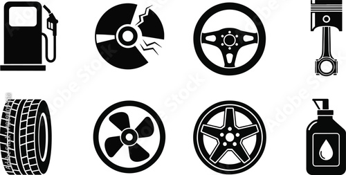 Automotive part set including piston tire fuel pump and spare wheel