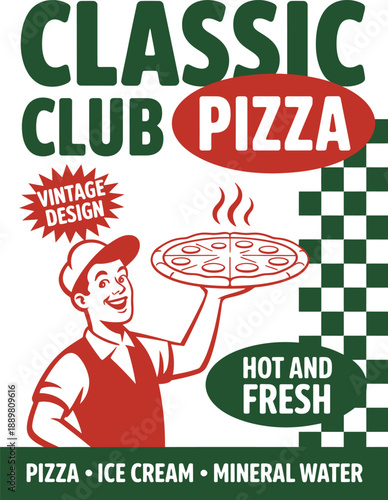 Vintage man holding hot and fresh pizza on a tray classic