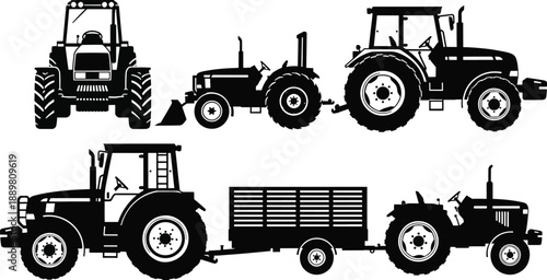 Agricultural tractor silhouettes showing farming machinery equipment