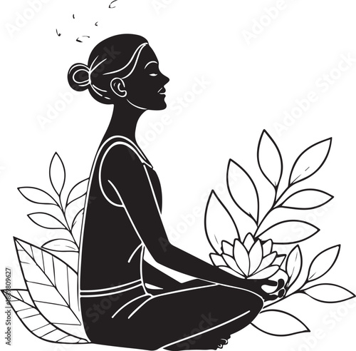 Elegant black silhouette vector of person meditating in lotus pose symbolizing mindfulness yoga calm balance spirituality wellness