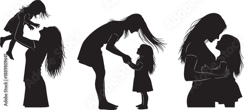 Black Silhouette Collection of Mother and Daughter Bonding Moments with Parents and Children Profile Avatars and Diverse Character Head Shots for Identity and Family Concept Designs