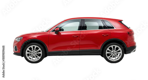 Sleek Red Premium Compact SUV, side profile view showcasing its vibrant paint and modern design with silver alloy wheels, isolated on transparent background for automotive, transport, and luxury proje