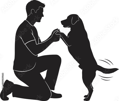Black silhouette of a man kneeling and holding paws with his happy dog wagging its tail isolated on white background for pet training concepts.