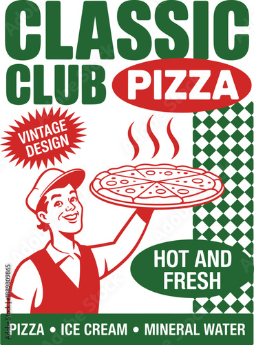 Vintage man holding hot and fresh pizza on tray chef