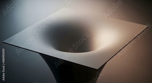 A white square object with a circular indentation on a dark surface