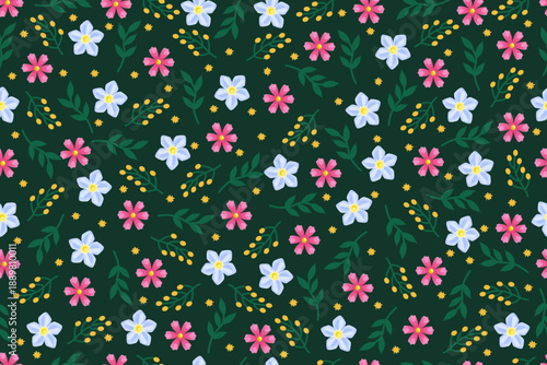 Summer meadow flowers seamless pattern. Spring floral vector background with blue and pink flower, twigs with yellow buds and green leaves.