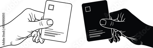 Outline and solid black illustration of hands holding business card