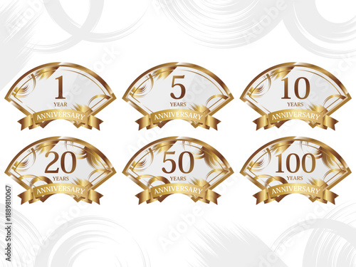 扇型の周年記念エンブレム6種セット　ホワイト＆ゴールド