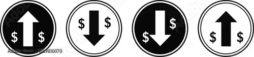 Set of circle business icons showing currency value trend direction