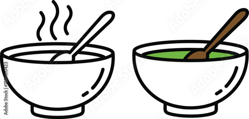 Bowl of hot soup with spoon steaming and cool green soup