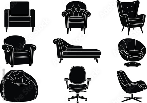 Set of armchair and sofa icons on transparent grid background