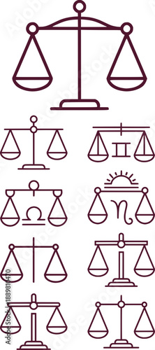 Justice scales icon set, law balance symbols with zodiac Libra signs and legal equilibrium vector illustrations.
