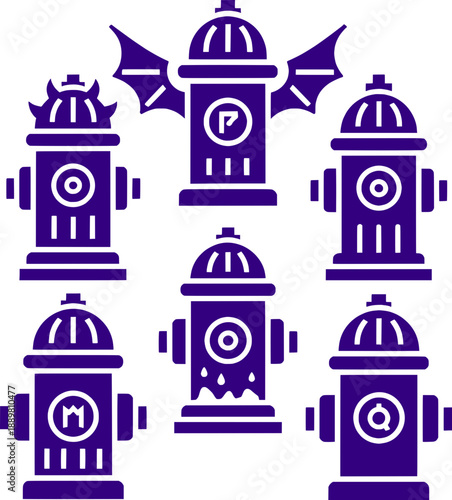 Fantasy fire hydrant icons set, heroic and evil water plug vector illustrations for urban gaming assets.