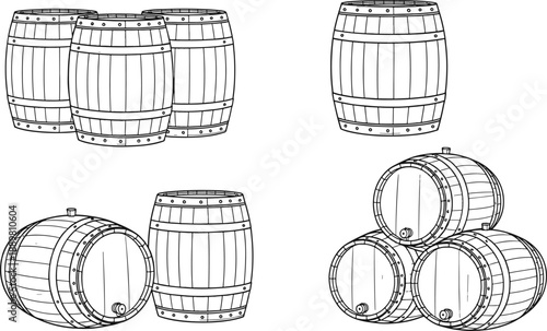 Wooden barrel icons set isolated on transparent grid