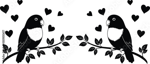 Love birds facing each other on branches with hearts, romantic nature illustration black and white decorative vector art design wall