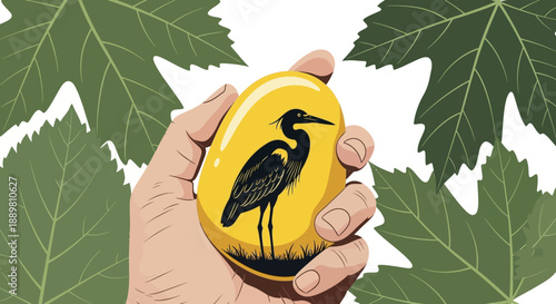 Hand holding yellow egg with heron design