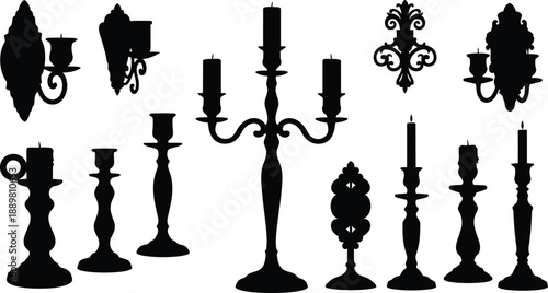 Vintage candle holder and wall sconce silhouette collection with ornate candelabra isolated on white background for classic decor vector illustration