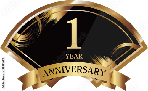扇型の1周年記念エンブレム　ブラック＆ゴールド