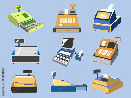 Cash Register Machine Illustration Set in Different Models and Angles
