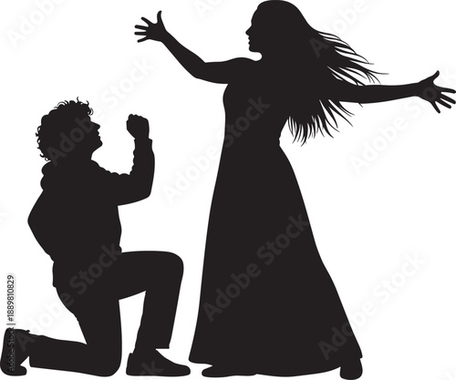 Black silhouette of a young man kneeling to propose marriage to a joyful woman with long hair isolated on white background for romantic concepts.