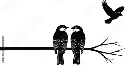 Minimalist black bird silhouette illustration, two birds on branch and flying bird, love, nature, wildlife, vector, isolated on white