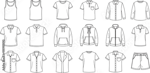 Collection of clothing outlines like t shirts polo shirts jackets and shorts