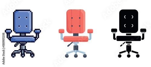 Pixel art, flat design, and silhouette office chairs on white background