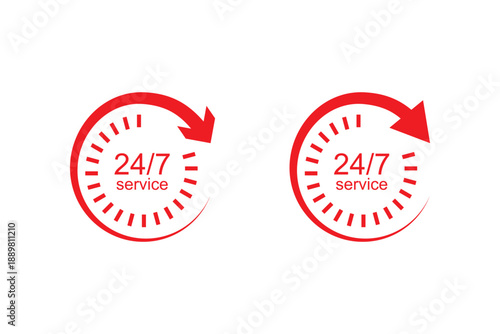 24 hours vector icon set. 24 7 service icon set. 24 hour assistance icons. 24 hours 7 days in week support icons. Vector Illustration. 