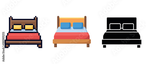 Diverse bed icon collection: pixel art, colorful illustration, silhouette design