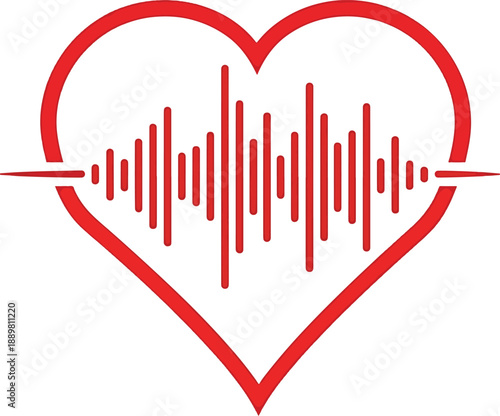Red heart with sound wave graphic symbolizing life and health heartbeat rhythm