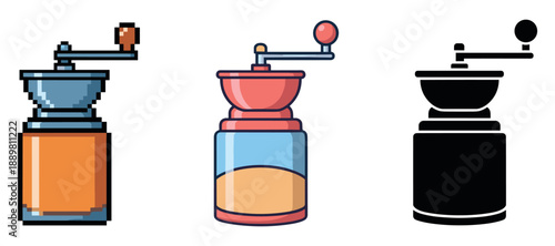 Pixel, cartoon, and silhouette coffee grinders on white background