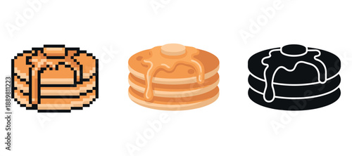 Pixelated, classic, and silhouette pancakes with syrup drips