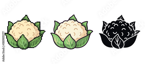 Three cauliflower icons: pixel, cartoon, silhouette on white background