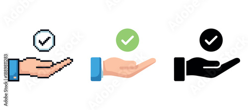 Pixel, flat, silhouette hands with check marks - digital icons set