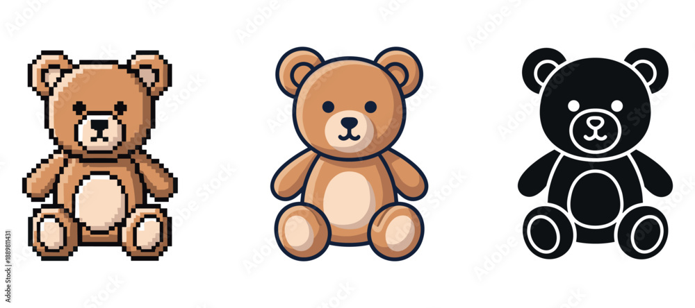 Fototapeta premium Pixelated, cartoon, and silhouette teddy bear designs