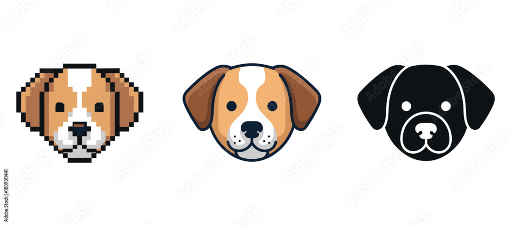 Obraz premium Pixelated, cartoon, and silhouette dog faces: three distinct canine styles