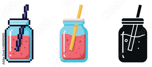 Pixelated, flat, and silhouette pink smoothie jars with straws in various styles