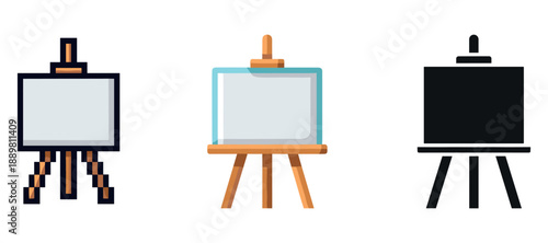 Set of three artistic easels: pixel, flat, and silhouette styles for creative inspiration