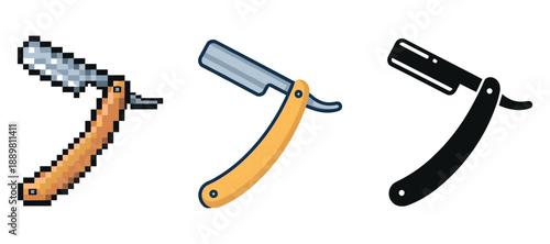 Pixelated, cartoon, and silhouette straight razor designs with wooden handles