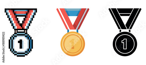 Pixel, gold, and black medal designs with number one emblem