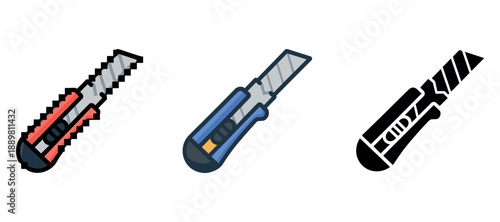 Set of three utility knives in different styles: colorful, minimalist, outline