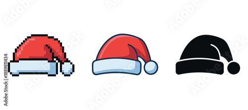 Pixelated, cartoon, and silhouette santa hats: variety of festive designs