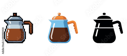 Pixelated, illustrated, and silhouette coffee pots on white background