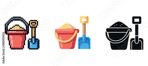 Colorful sand buckets and shovels in pixel, flat, and silhouette styles