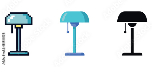Three table lamps: pixel art, minimalist blue, silhouette design