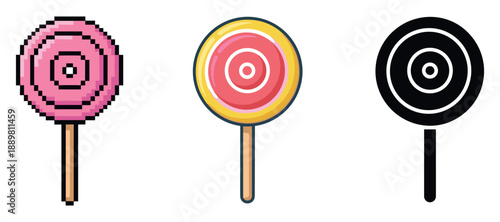 Three lollipop designs: pixel art, colorful lollipop, minimalist style