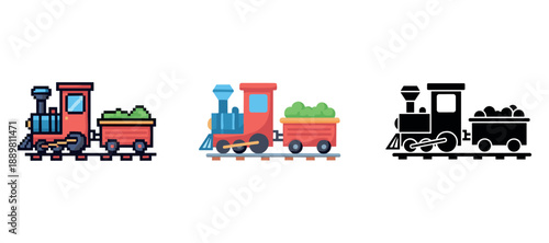 Colorful and monochrome toy trains set on tracks with coal